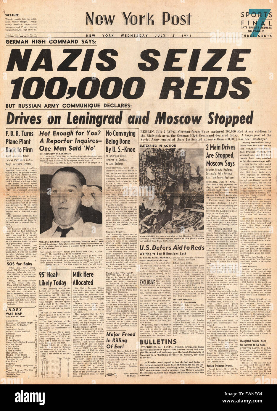 1941 prima pagina delle forze tedesche del New York Post catturano 100.000 prigionieri russi Foto Stock