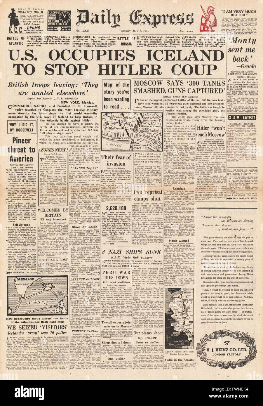 1941 front page Daily Express Stati Uniti occupa l'Islanda, la battaglia per la Russia e la RAF scorrerie su Francia Foto Stock