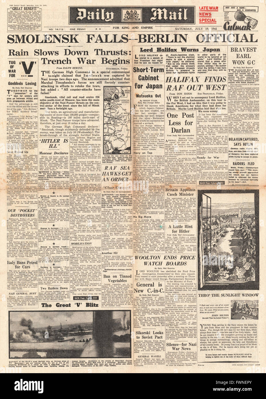 1941 front page Daily Mail le forze tedesche catturare Smolensk Foto Stock