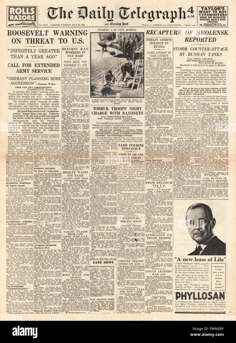 1941 front page Daily Telegraph U.S. Annuncia il nuovo tedesco piano di guerra e Russo relazione ri-acquisizione di Smolensk Foto Stock