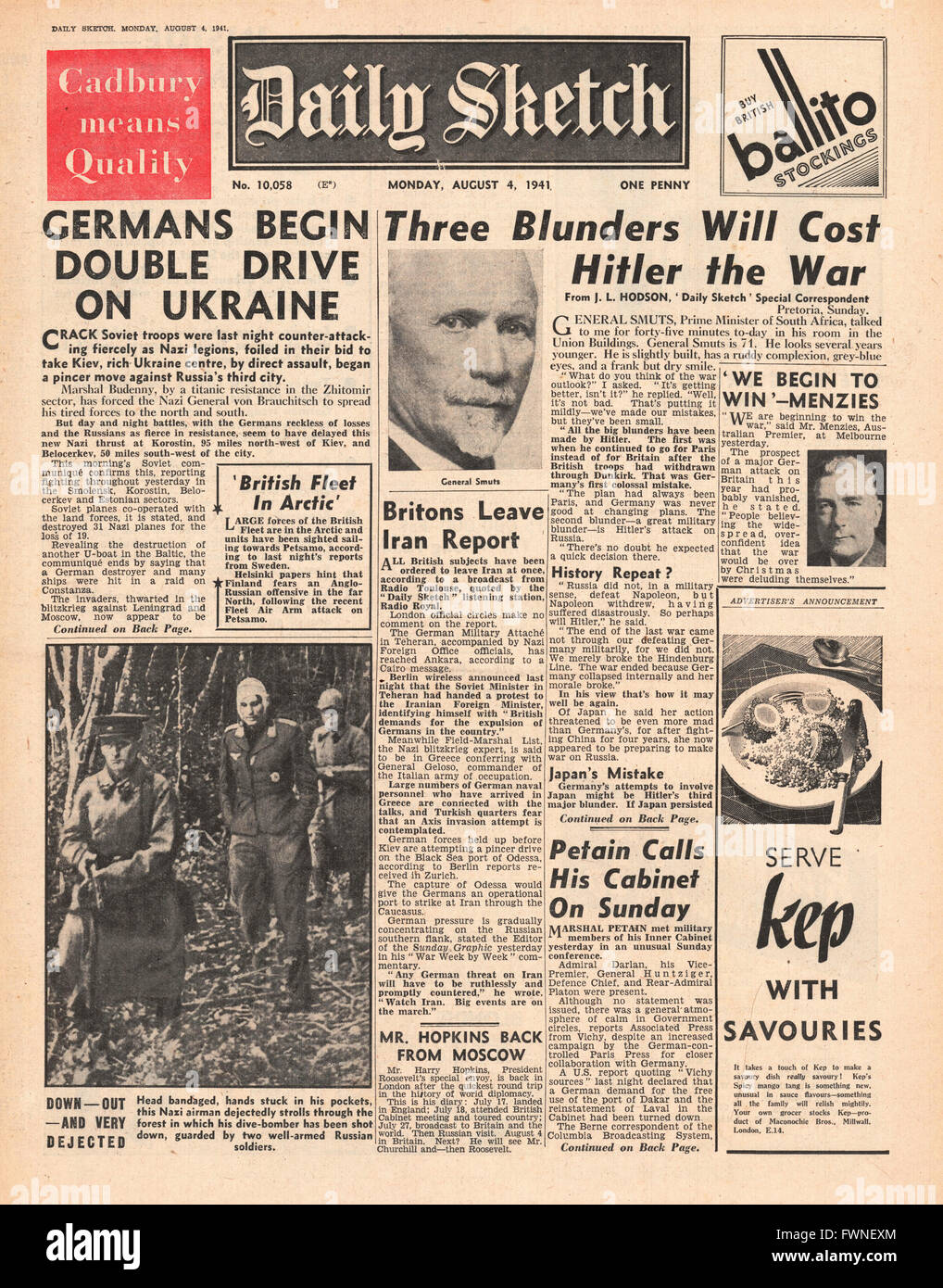 1941 front page Daily Sketch Esercito Tedesco Drive in Ucraina e Smutts generale, Primo Ministro del Sud Africa, critica Hitler Foto Stock