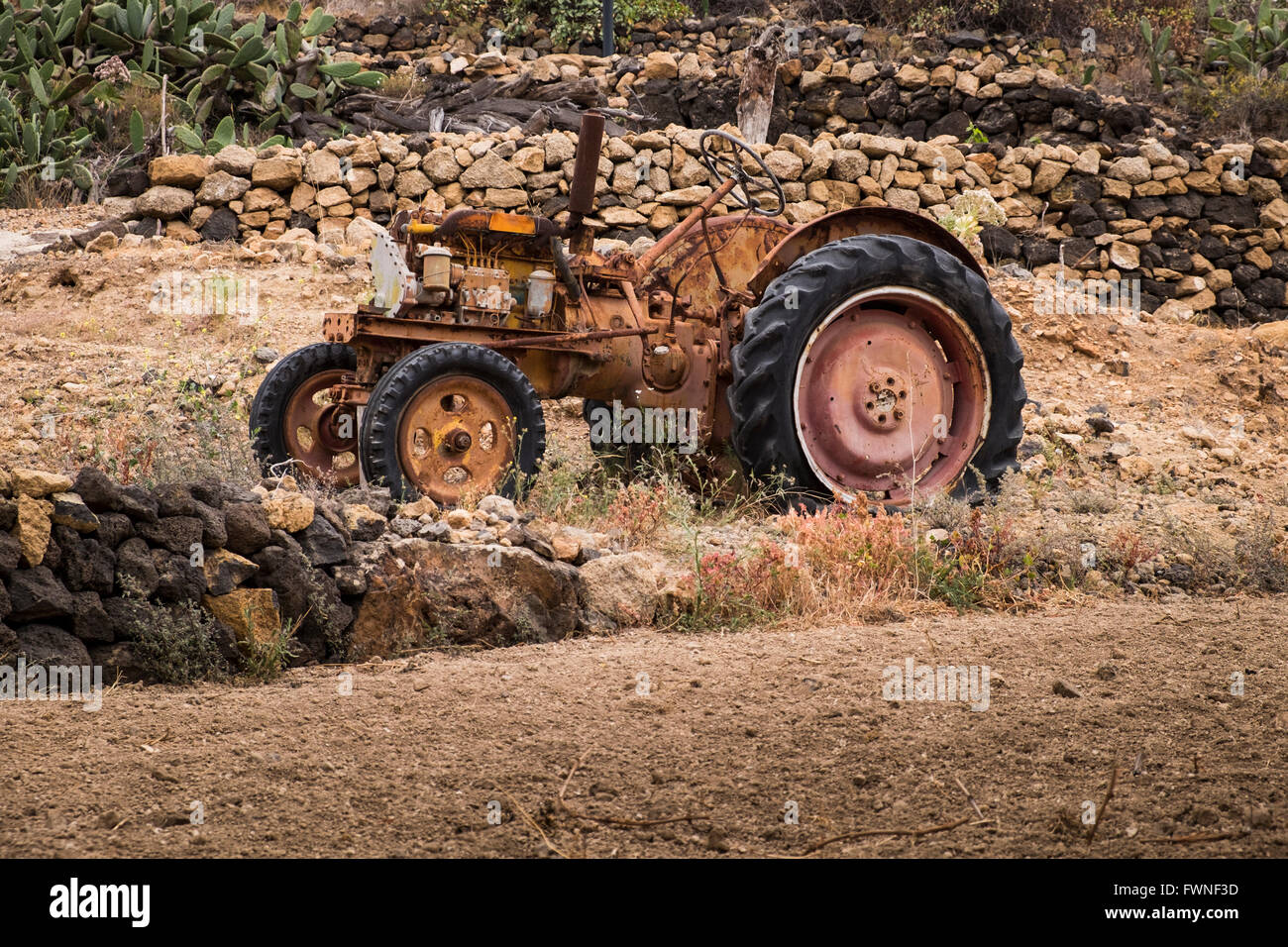 Abbandonato il vecchio trattore in un campo di San Miguel, Tenerife, Isole Canarie, Spagna, Foto Stock