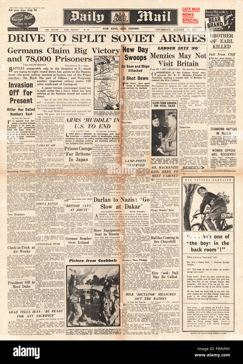 1941 front page Daily Mail Unità tedesca a Spalato esercito russo Foto Stock