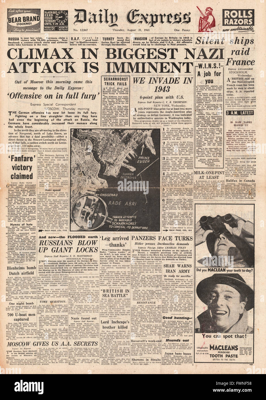 1941 front page Daily Express battaglia per la Russia Foto Stock