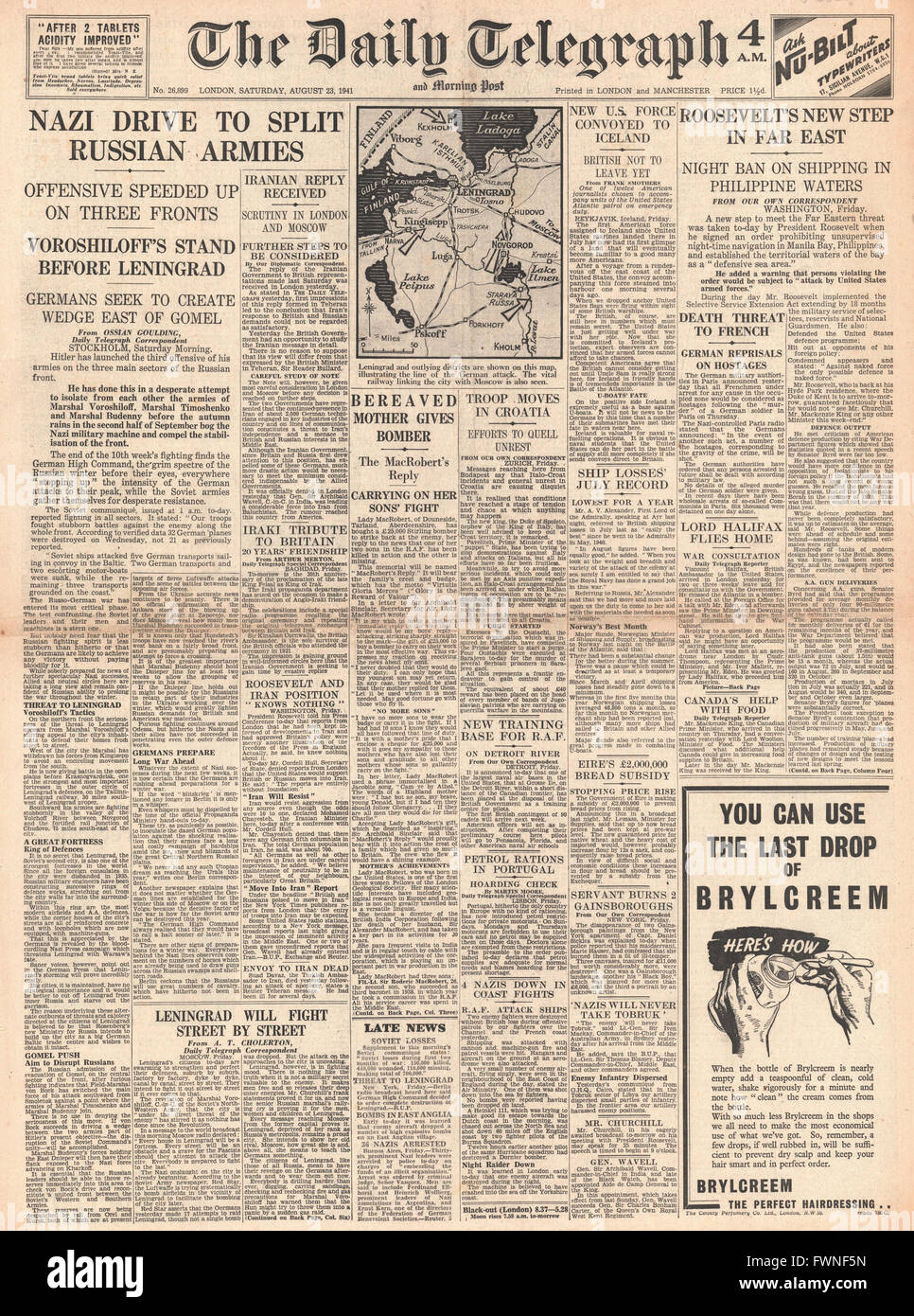 1941 front page Daily Telegraph Unità tedesca a Spalato esercito russo Foto Stock
