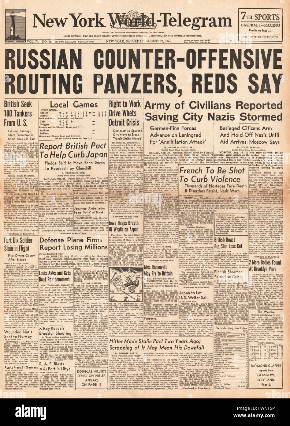 1941 prima pagina del New York World Telegram Russian Army Counter Attack a Leningrado Foto Stock