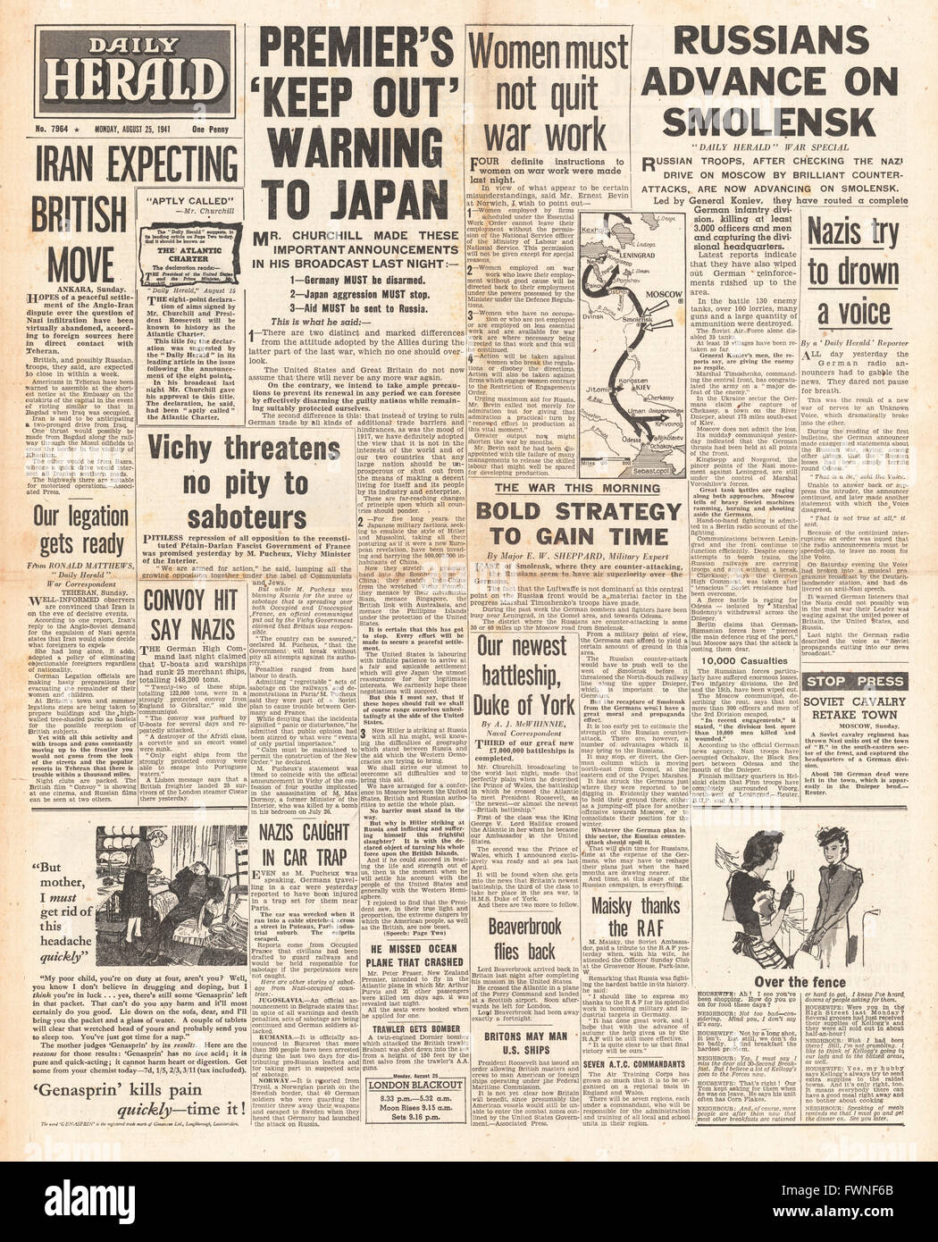 1941 in prima pagina il Daily Herald Churchill avverte l'avanzata del Giappone e dell'esercito russo su Smolensk Foto Stock