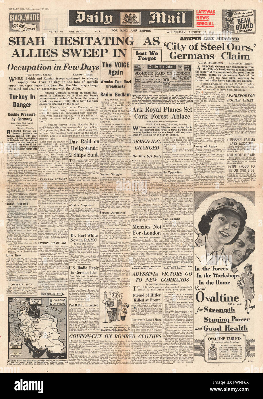 1941 front page Daily Mail Esercito Tedesco catturare città di Dnepropetrovsk e RAF e della Royal Navy in azione in Iran Foto Stock