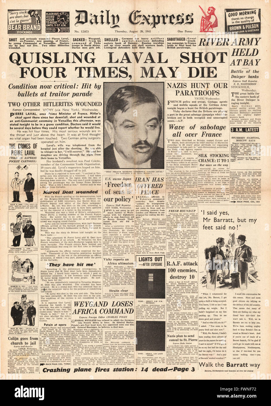 1941 prima pagina del Daily Express Pierre Laval Shot a Versailles Foto Stock