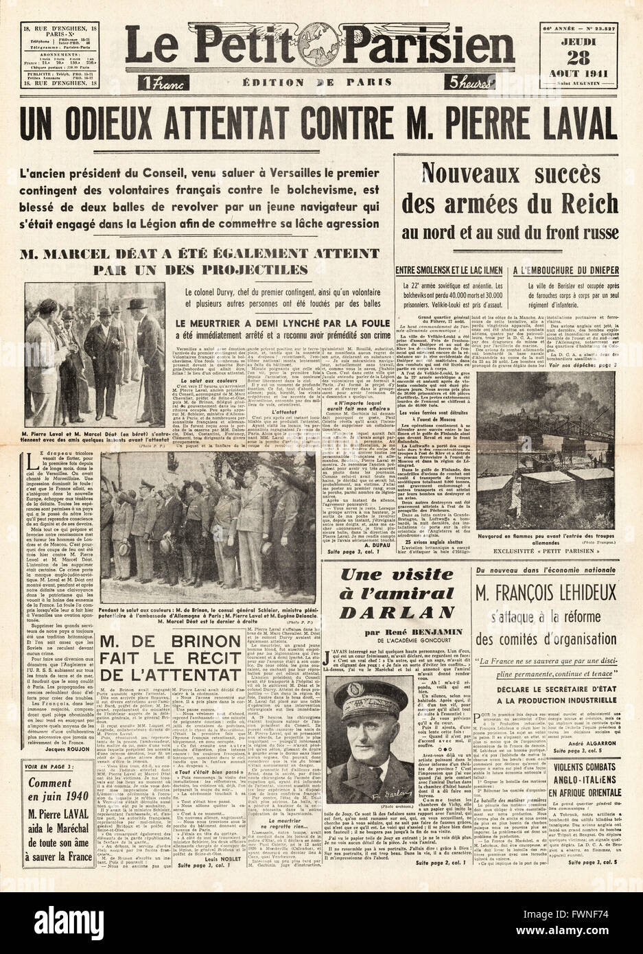 1941 prima pagina le Petit Parisen Pierre Laval girato a Versailles Foto Stock