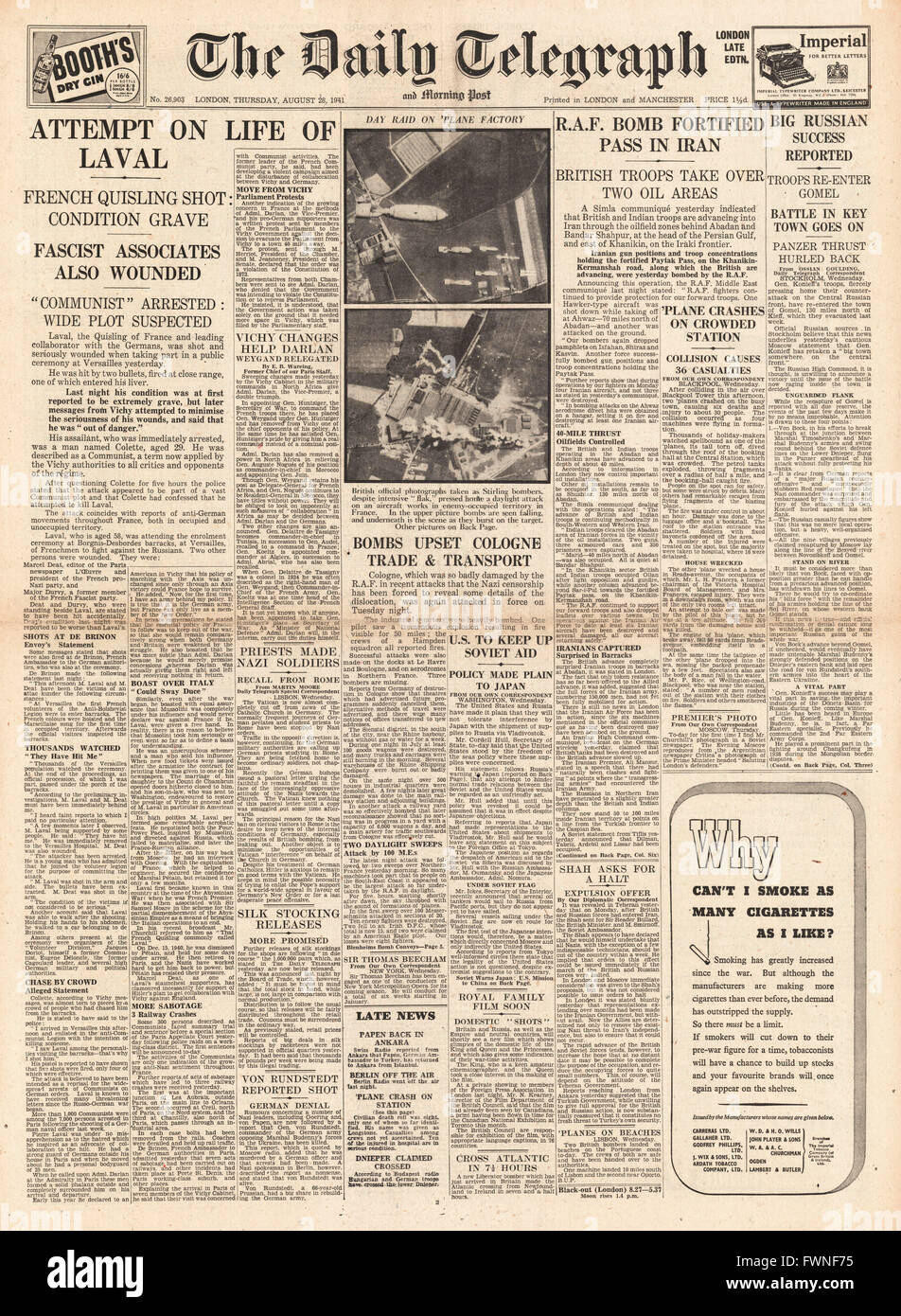 1941 prima pagina del Daily Telegraph Pierre Laval girato a Versailles Foto Stock