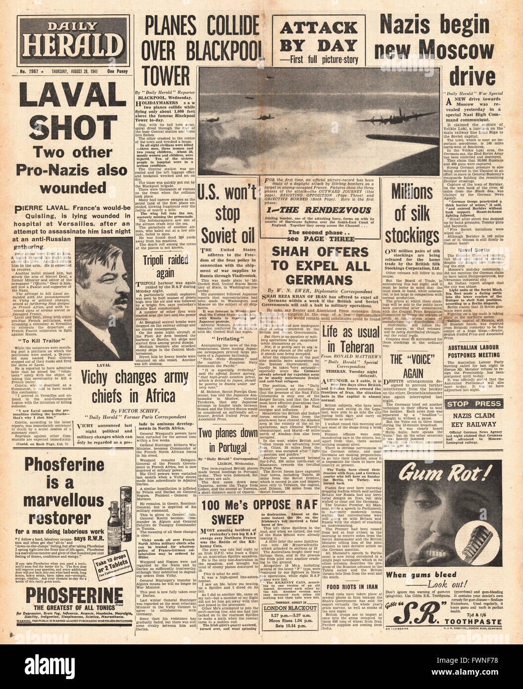 1941 prima pagina del Daily Herald Pierre Laval girato a Versailles Foto Stock