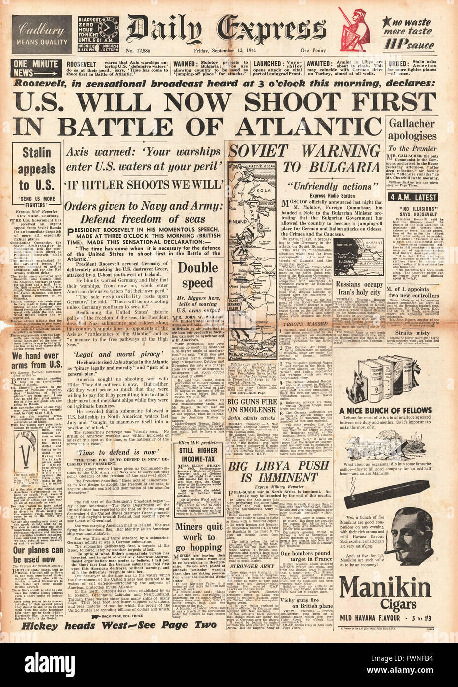 1941 prima pagina Daily Express Roosevelt discorso sulla Battaglia dell'Atlantico e avvertimento sovietico alla Bulgaria Foto Stock