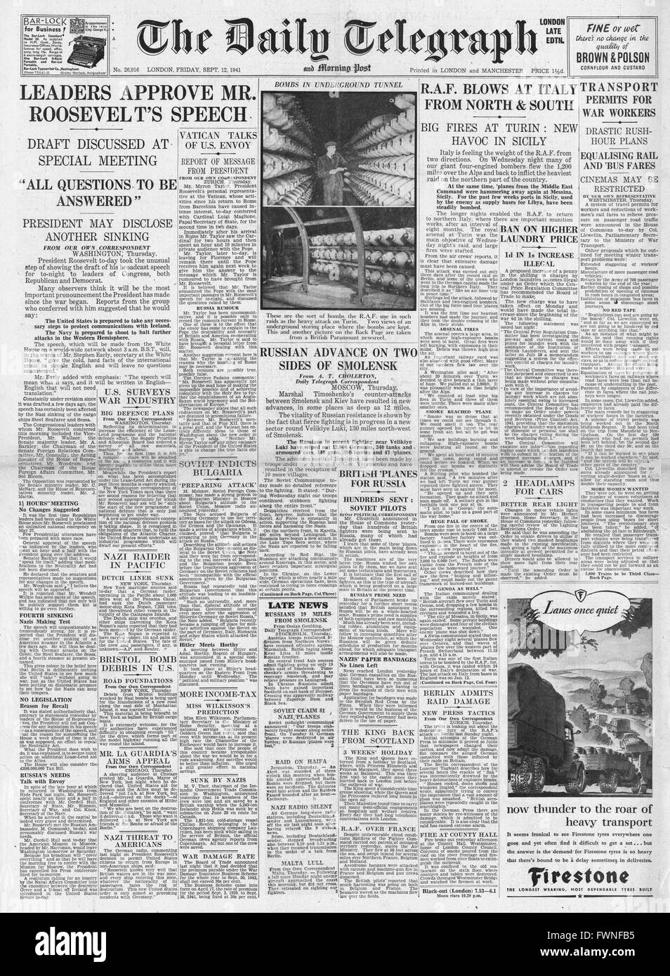 1941 prima pagina del Daily Telegraph Roosevelt discorso sulla battaglia dell'Atlantico, bombardamenti della RAF sull'Italia e avvertimento sovietico alla Bulgaria Foto Stock