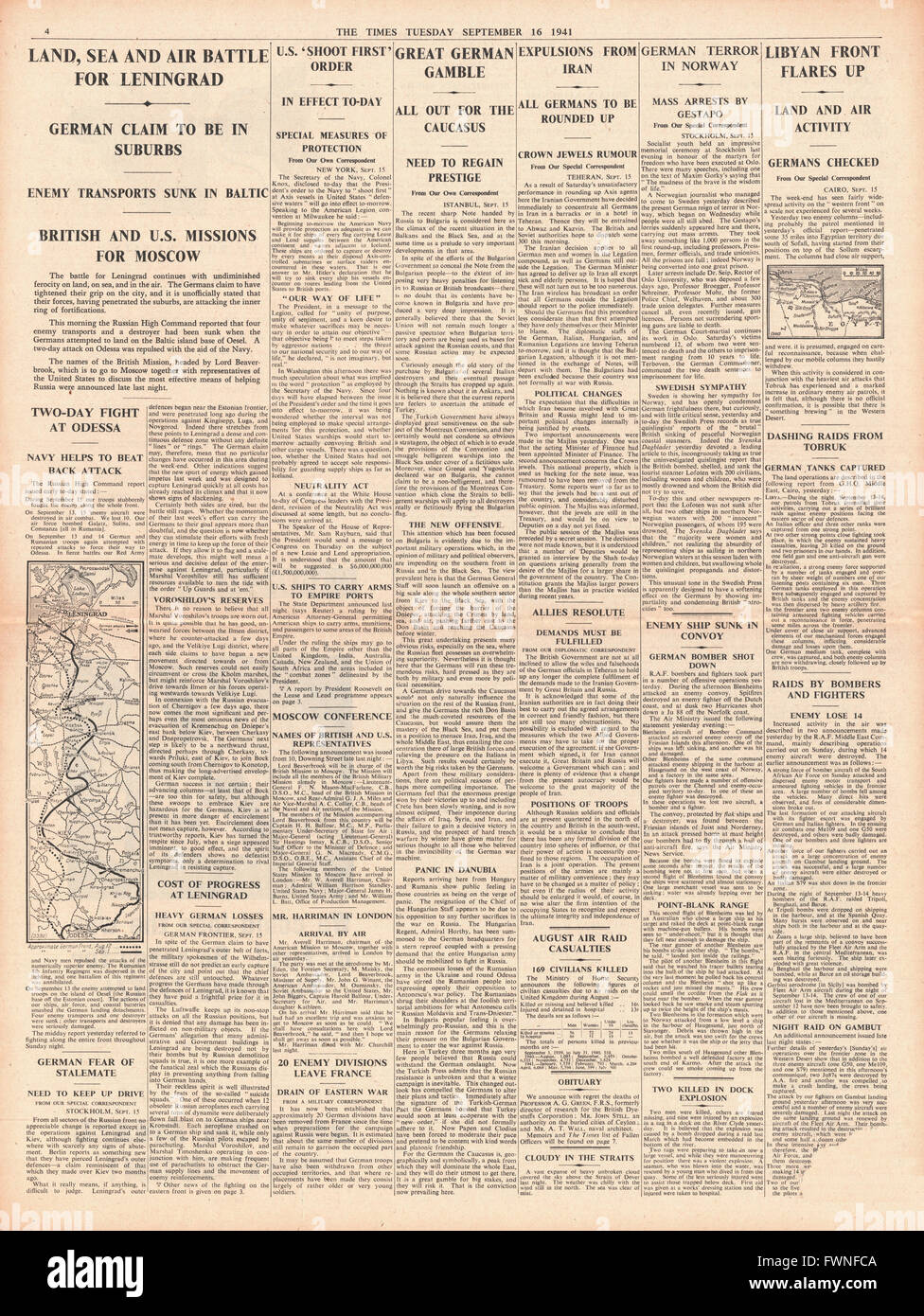 1941 Pagina 4 Tempi terra, mare e Aria da battaglia per Leningrado e gli arresti di massa a Oslo dalla Gestapo Foto Stock