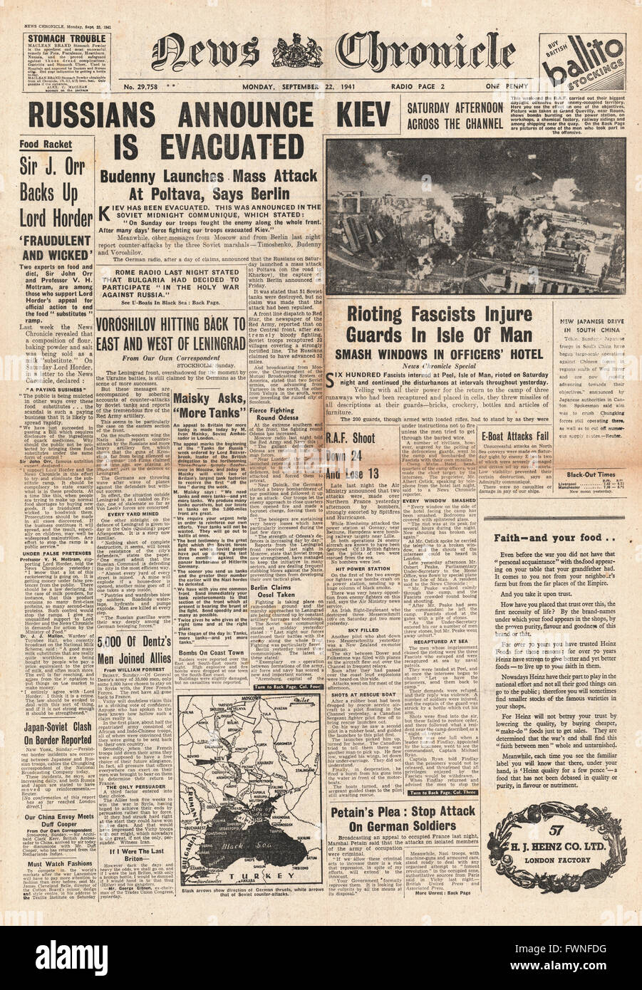 1941 front page News Cronaca Kiev evacuato e catturato dalle forze armate tedesche Foto Stock