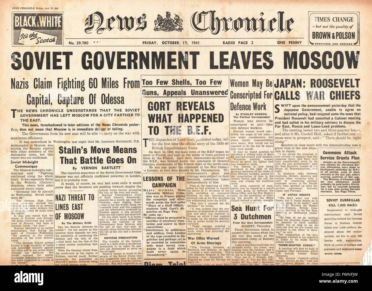 1941 front page News cronaca battaglia per Mosca, caduta di Odessa e Roosevelt incontra Capi di guerra del Giappone Foto Stock