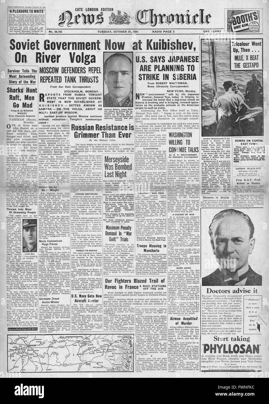 1941 front page News cronaca governo sovietico a Kuibishev, Merseyside bombardato e minaccia giapponese in Siberia Foto Stock