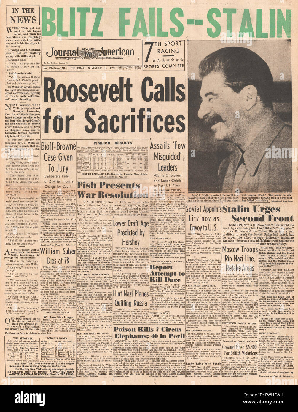 1941 front page New York Journal American Roosevelt chiamata vocale per sacrifici Foto Stock
