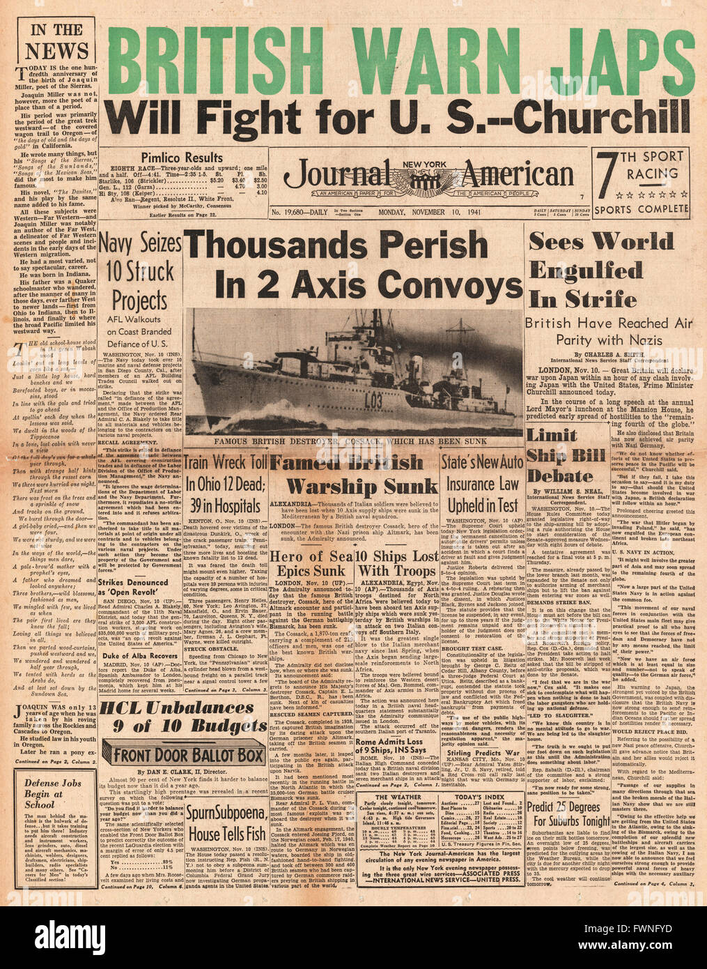 1941 front page New York World telegramma battaglia del convoglio Duisburg e HMS cosacco affondato Foto Stock