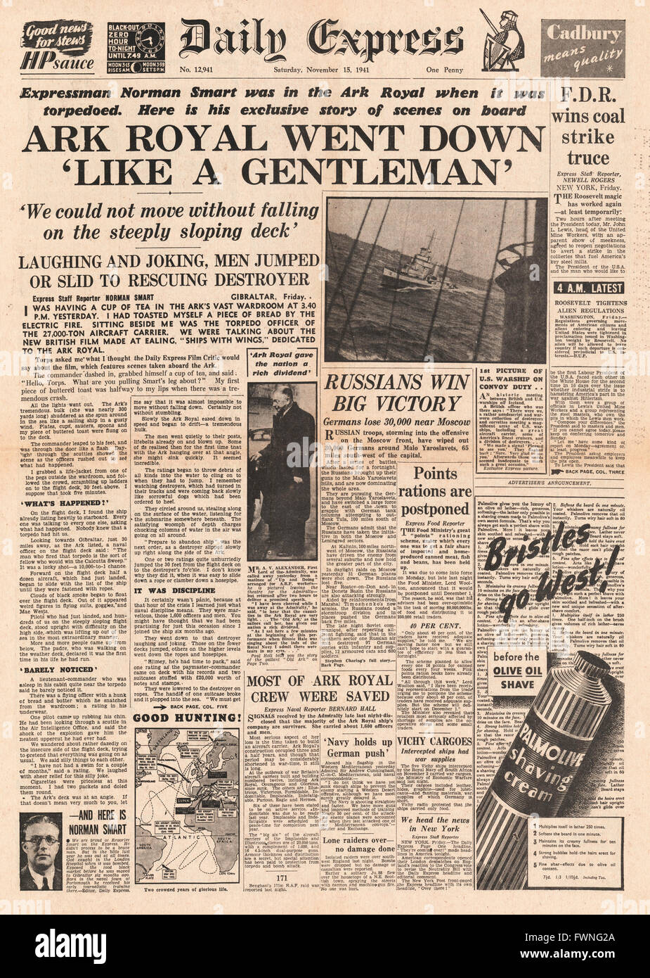 1941 front page Daily Express Affondamento della HMS Ark Royal Foto Stock