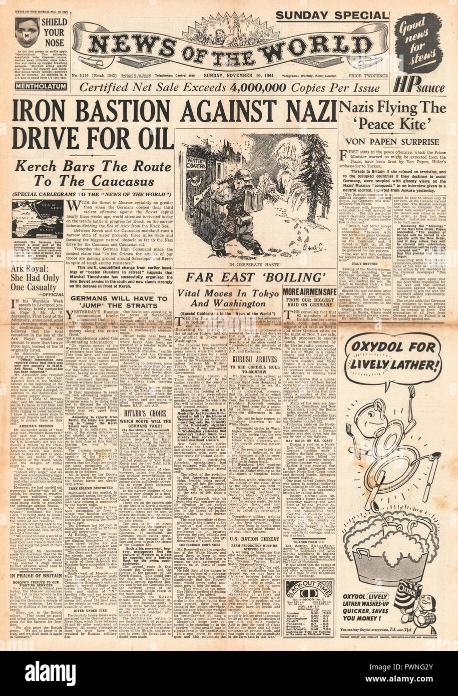1941 front page News del mondo Esercito Tedesco battaglia per il Caucaso campi olio Foto Stock