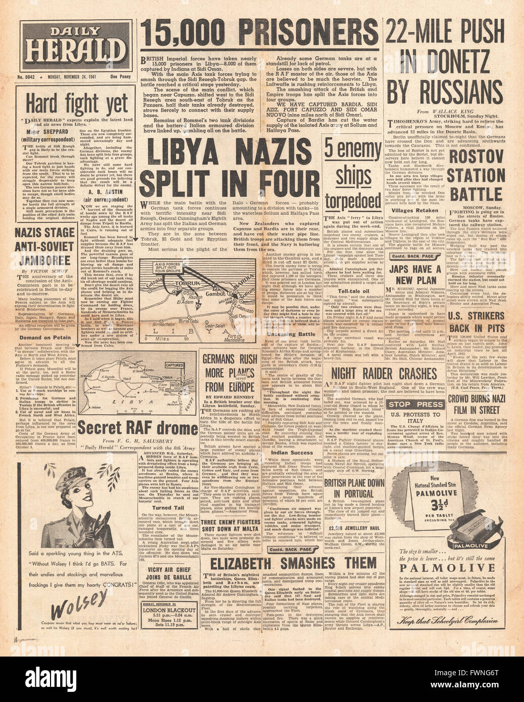 1941 front page Daily Herald battaglia per la Libia Foto Stock 1941 front page Daily Herald battaglia per la Libia Foto Stock