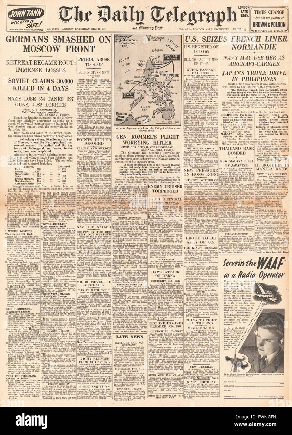 1941 front page Daily Telegraph esercito russo sconfiggere le forze tedesche prima di Mosca, battaglia per le Filippine e Stati Uniti afferra la camicia francese Normandie in New York Foto Stock