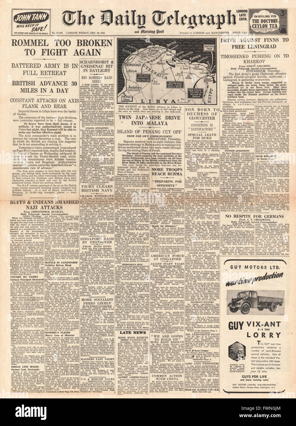 1941 front page Daily Telegraph di Rommel in piena ritirata in Libia, Giapponese anticipo in Malesia e l'esercito russo attacco forze finlandese Foto Stock