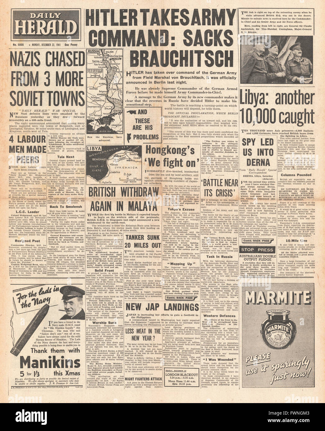 1941 front page Daily Herald Maresciallo di Campo Von Brauchitsch è respinto e Hitler prende il pieno controllo delle forze armate tedesche Foto Stock