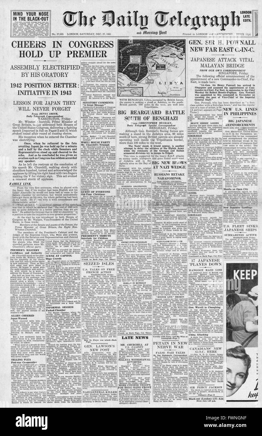 1941 front page Daily Telegraph Churchill indirizzi U.S. Congresso, Rommel ritiri in Libia e in generale Sir Henry Pownall è nominato nuovo Estremo Oriente comandante in capo Foto Stock