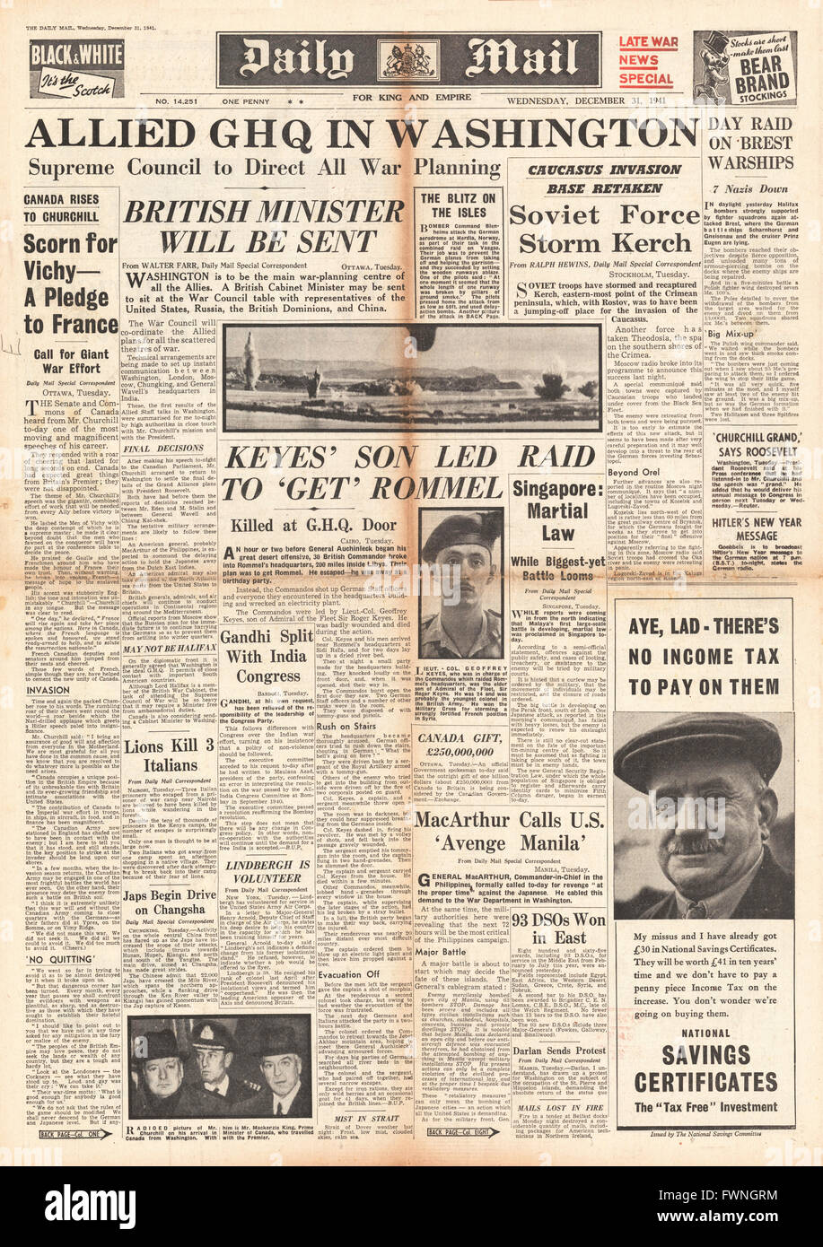 1941 front page Daily Mail nuovo Allied GHQ in Washington, Esercito Russo riconquista Kerch e Feodosia e British Commando raid per catturare Rommel Foto Stock