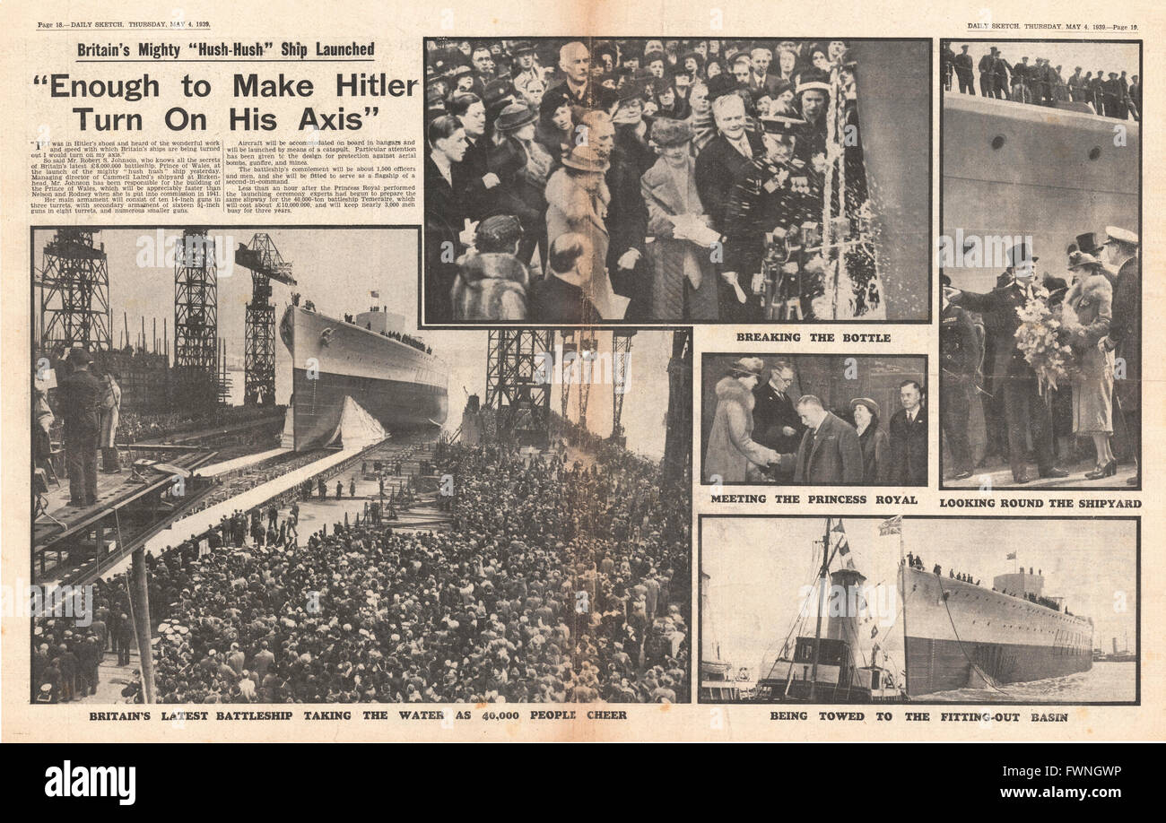 1939 Centro pagina schizzo quotidianamente il lancio della Royal Navy corazzata HMS Principe di Galles in Cammell Laird, Birkenhead Foto Stock