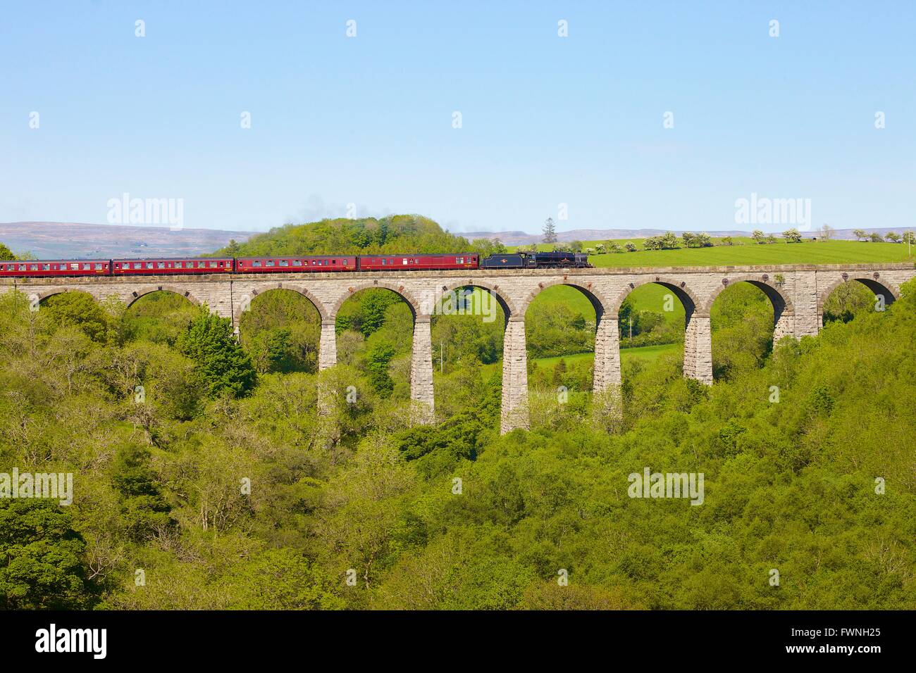 Accontentarsi di Carlisle linea ferroviaria. Treno a vapore attraversando Smardale viadotto, Eden Valley, Cumbria, Inghilterra, Regno Unito. Foto Stock