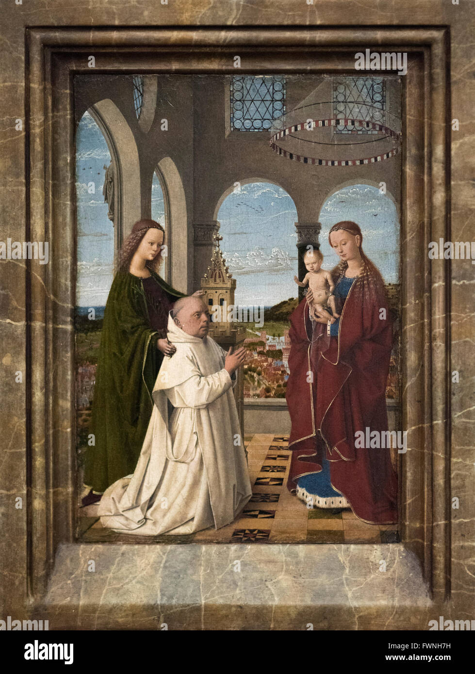Petrus Christus (c.1410/1420 - 1475/1476), Maria con Bambino e i santi Barbara e un monaco certosino, (Exeter Madonna), (ca. 1450 Foto Stock