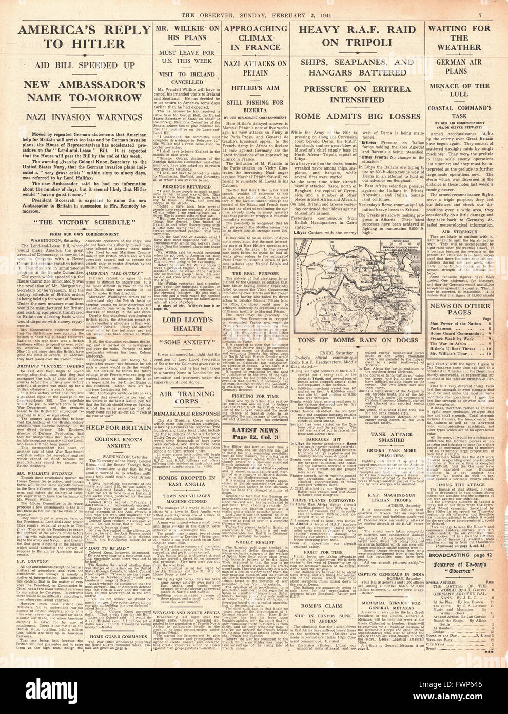 1941 Pagina 7 l'osservatore America spinge attraverso Lend Lease e Bill RAF e bombardare Tripoli Foto Stock