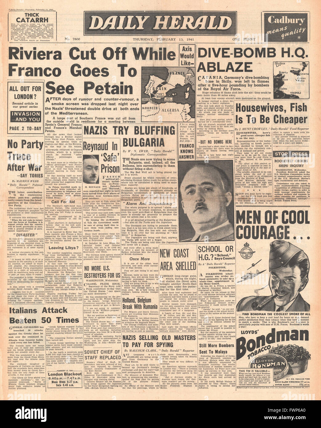 1941 front page Daily Herald Generale Franco visita il maresciallo Petain e RAF bomba aerea tedesca in base Catania Foto Stock