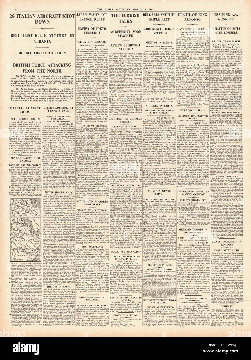 1941 Pagina 4 volte alla Bulgaria di partecipare asse, Velivolo italiano abbattuto e la morte di Re Alfonso Foto Stock