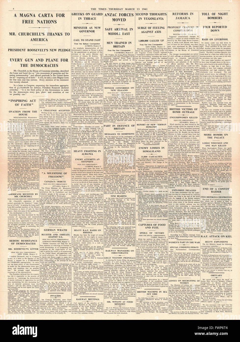 1941 Pagina 4 Tempi Churchill grazie America per il contratto di locazione e dare atto Foto Stock