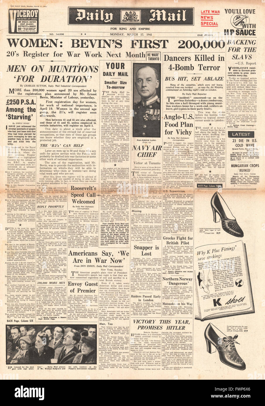 1941 front page Daily Mail registrazione di uomini e donne per lavoro di guerra Foto Stock