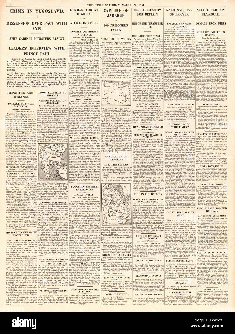 1941 Pagina 4 Il Cabinet di tempi di crisi in Jugoslavia e Jarabub è catturato dai britannici e truppe australiane Foto Stock