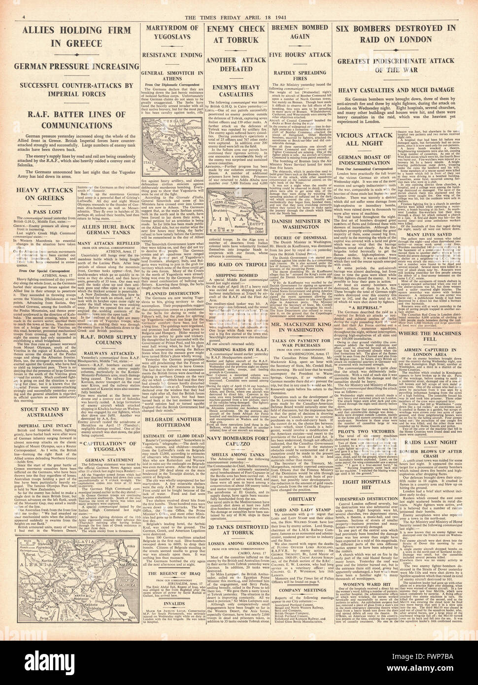 1941 Pagina 4 Tempi battaglia nei Balcani, Royal Navy attacco la navigazione mercantile nel Mediterraneo e bombardamenti raid su Londra Foto Stock