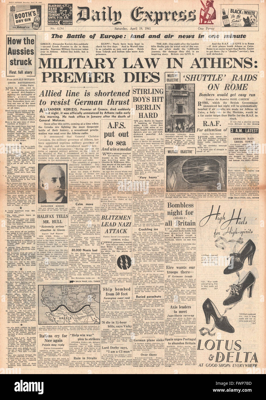 1941 front page Daily Express Premier della Grecia Korizis muore Foto Stock