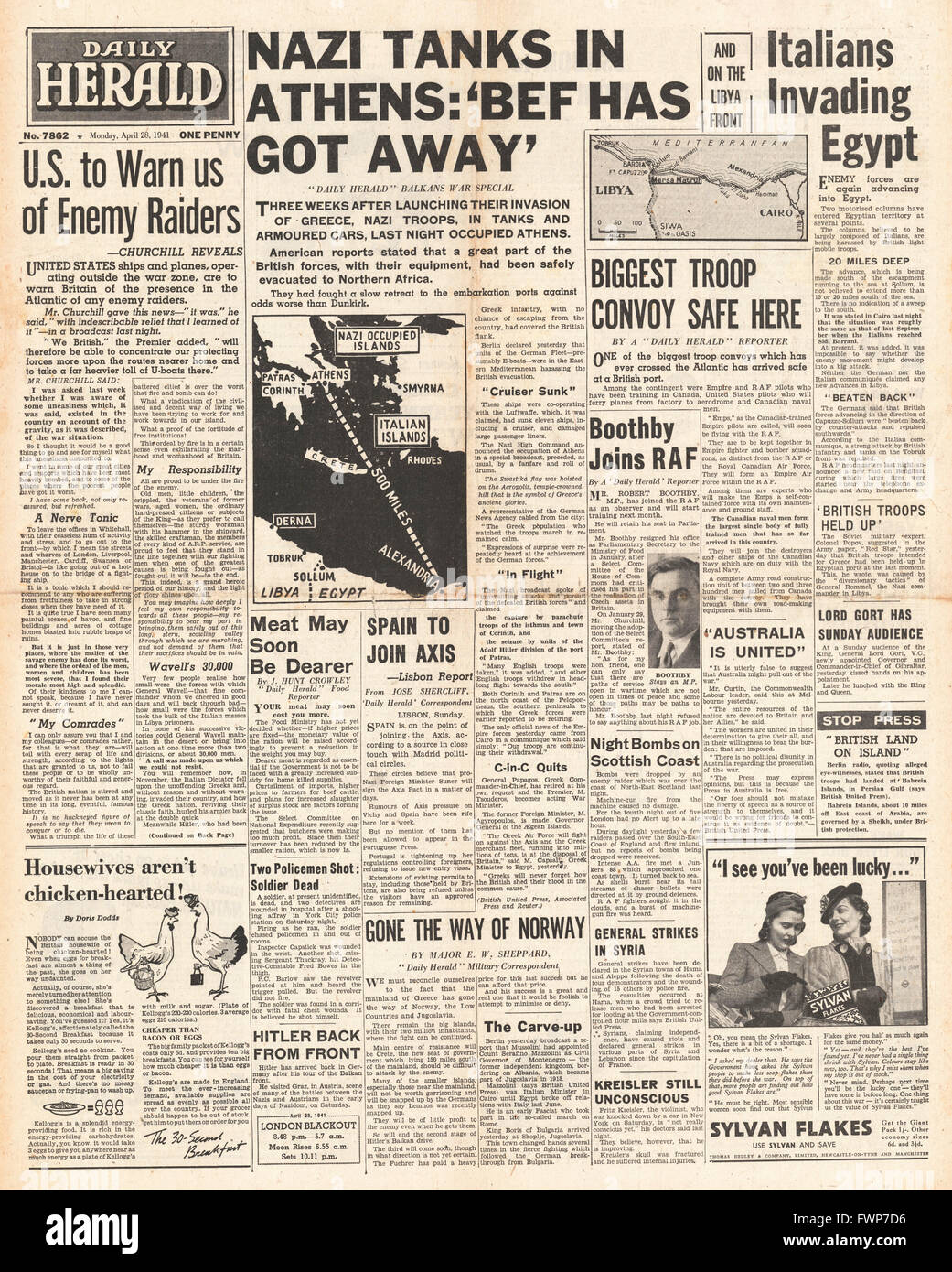 1941 front page Daily Herald le forze tedesche occupano Atene Foto Stock