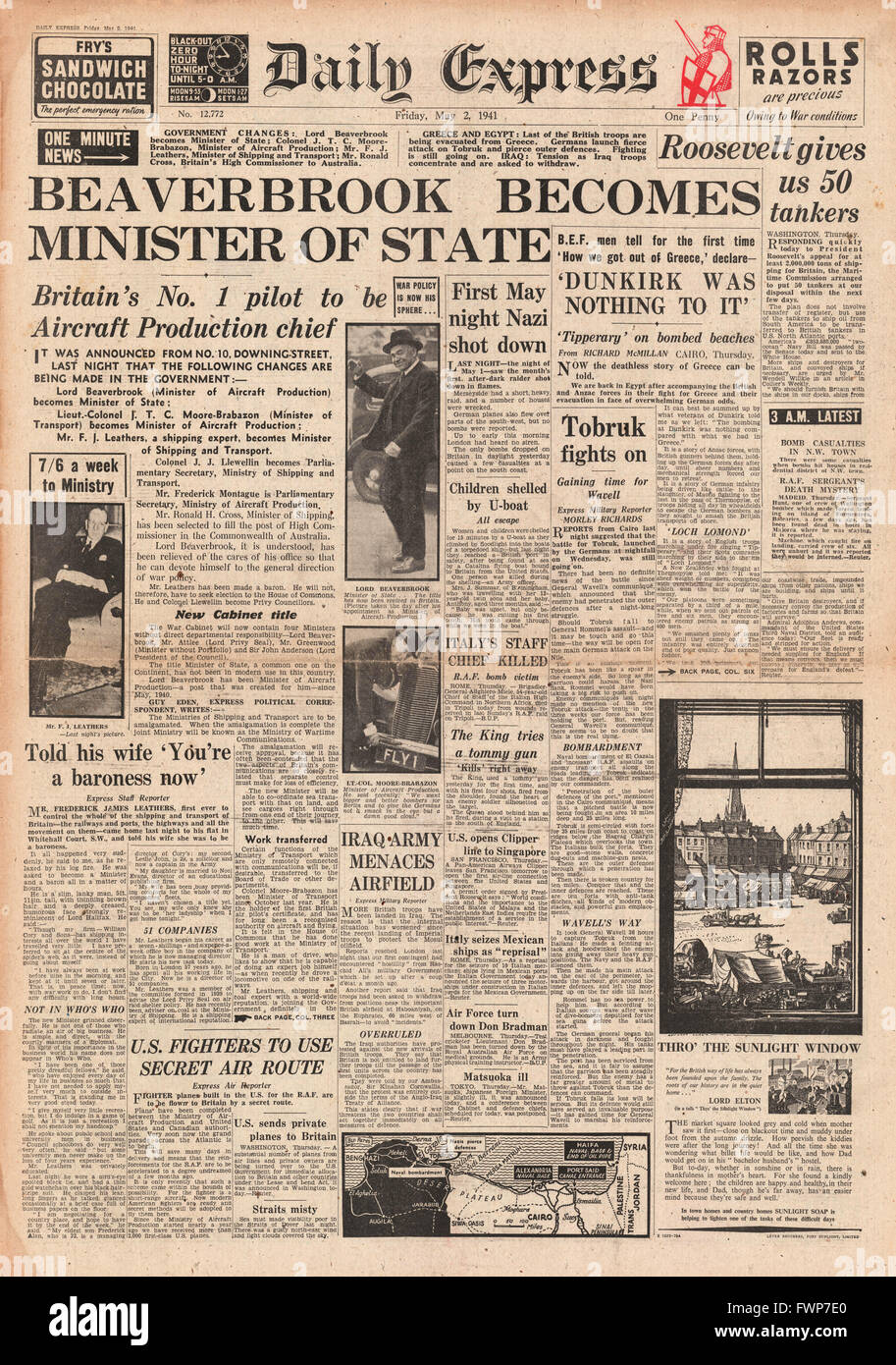 1941 front page Daily Express Signore Beaverbrook nominato ministro di Stato Foto Stock