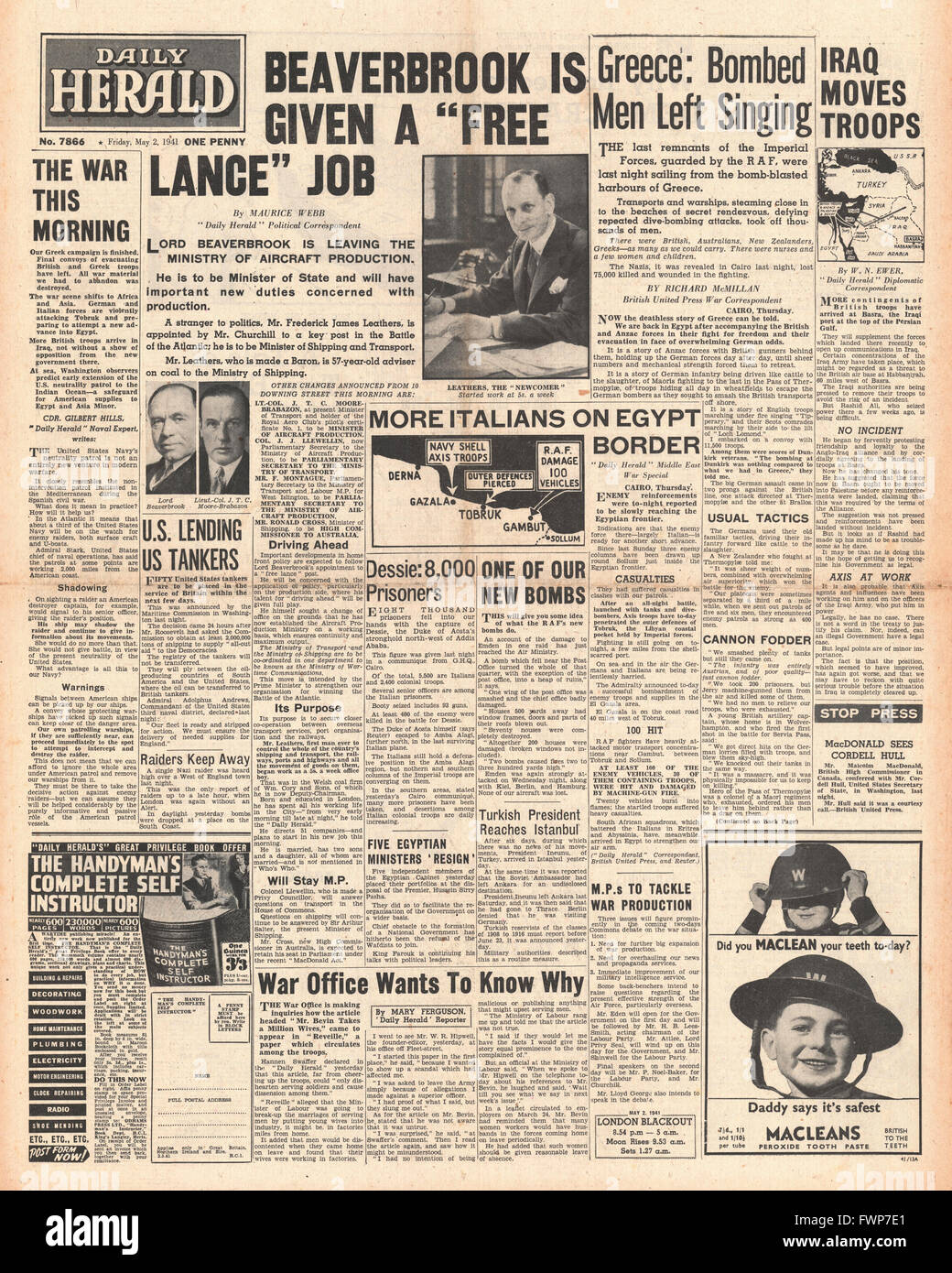 1941 front page Daily Herald Signore Beaverbrook nominato ministro di Stato Foto Stock