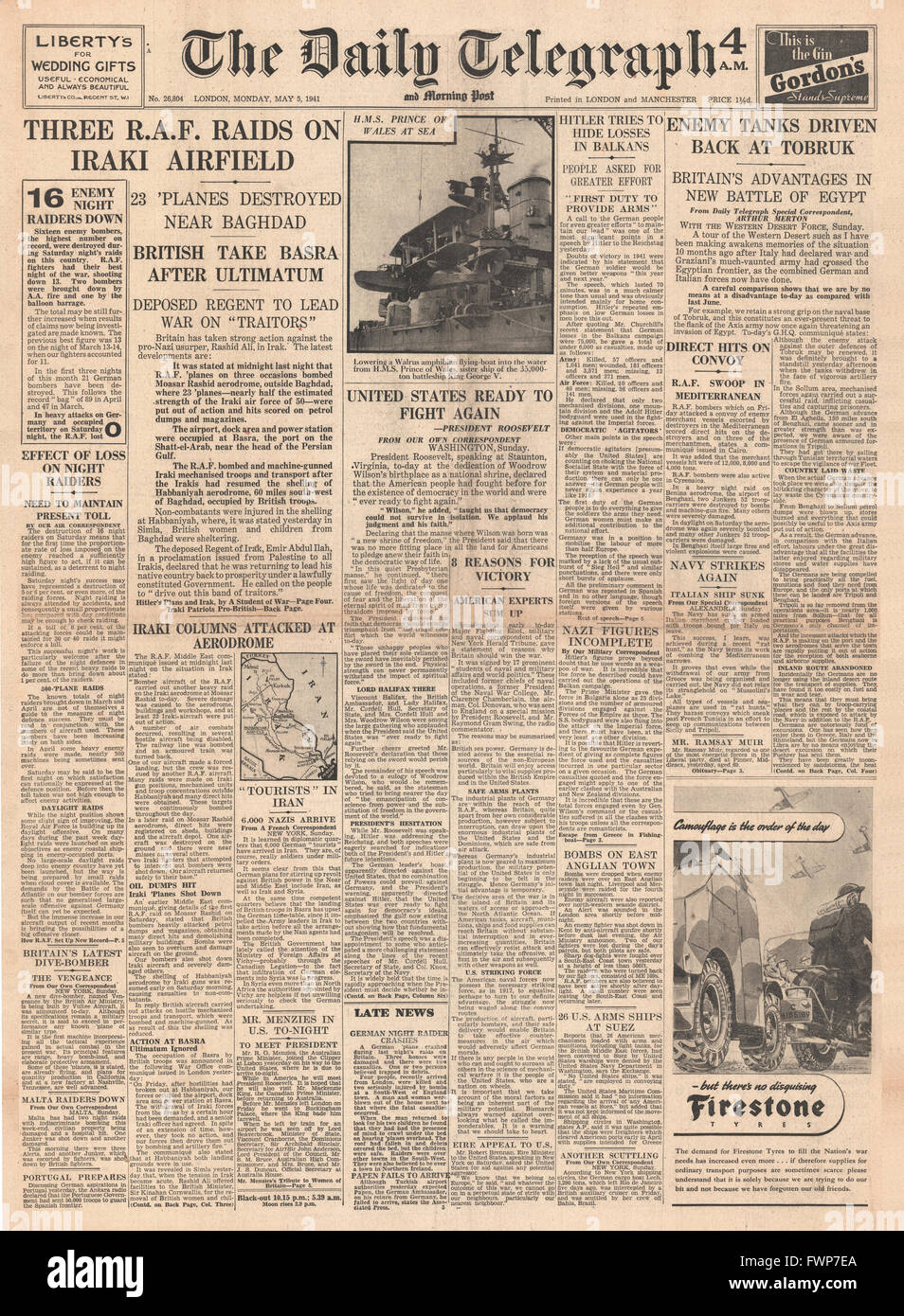 1941 front page Daily Telegraph RAF bombardare l'Iraq gli aerodromi, anticipo tedesco in Egitto detenuti e Roosevelt dice che gli Stati Uniti sono pronti a combattere Foto Stock