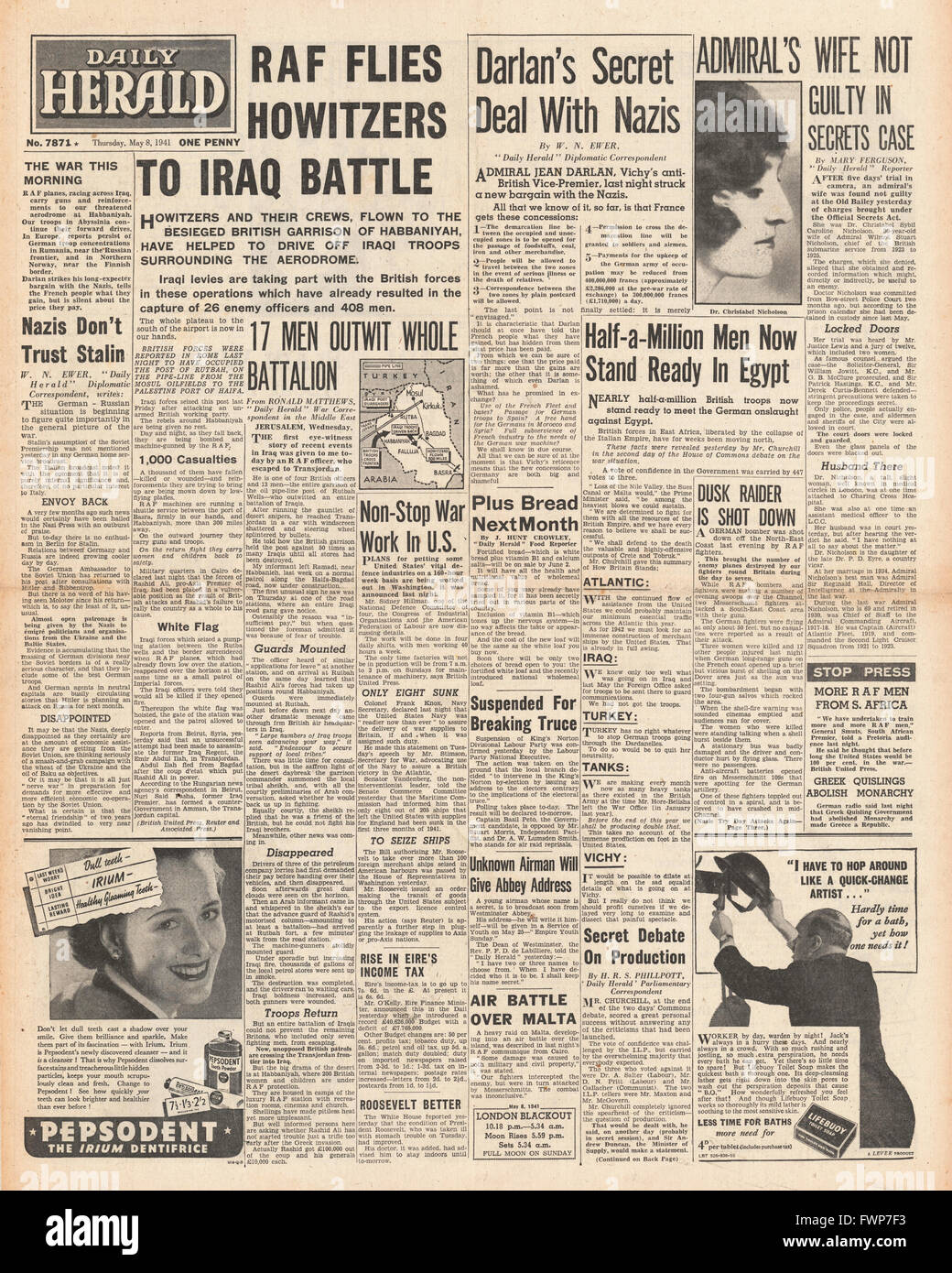 1941 front page Daily Herald le forze britanniche break assedio di Habbaniyah Foto Stock