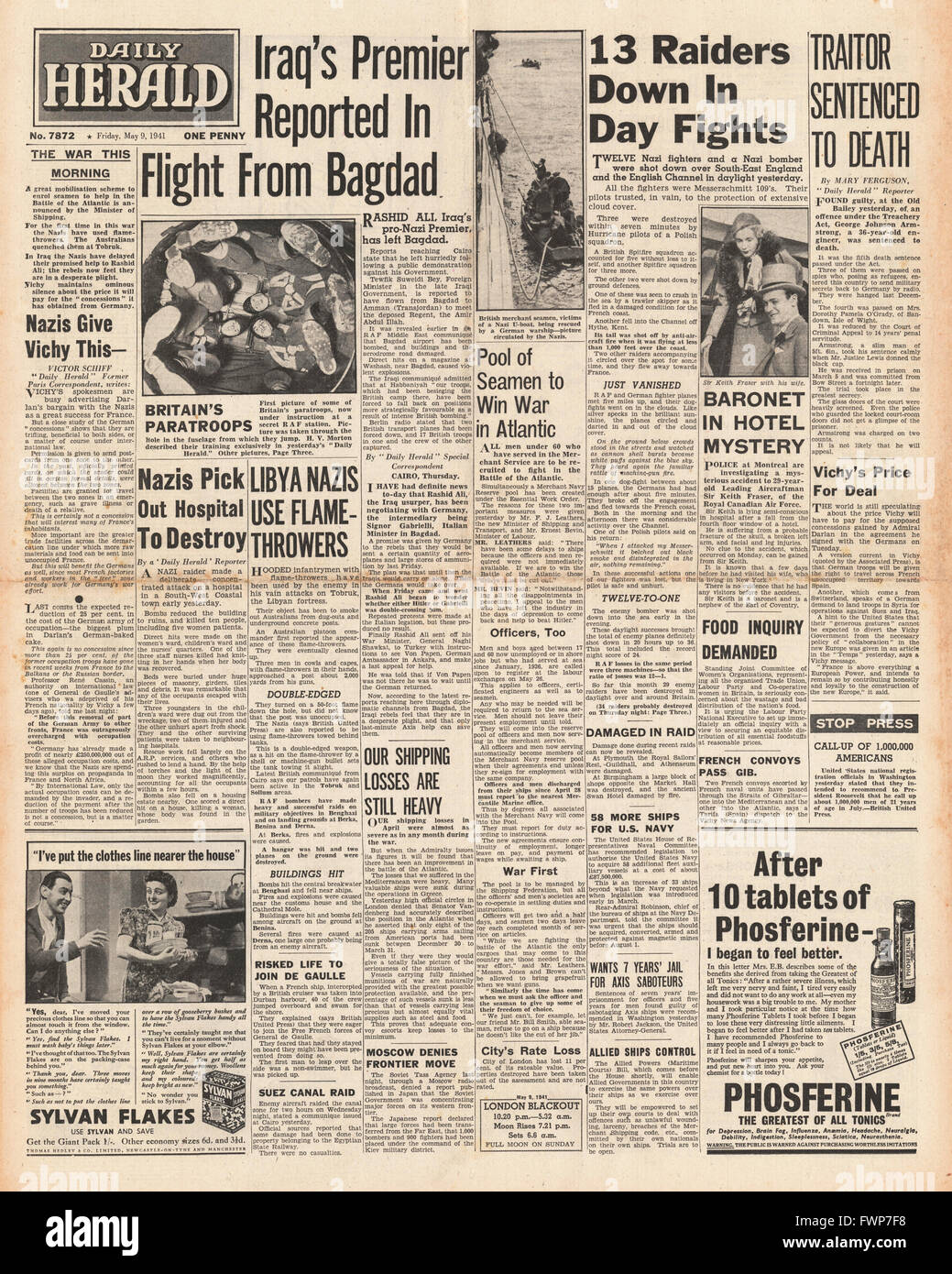 1941 front page Daily Herald Iraq rebel Rashid Ali fugge Baghdad e RAF successi contro bombardieri tedeschi nel corso Inghilterra Foto Stock