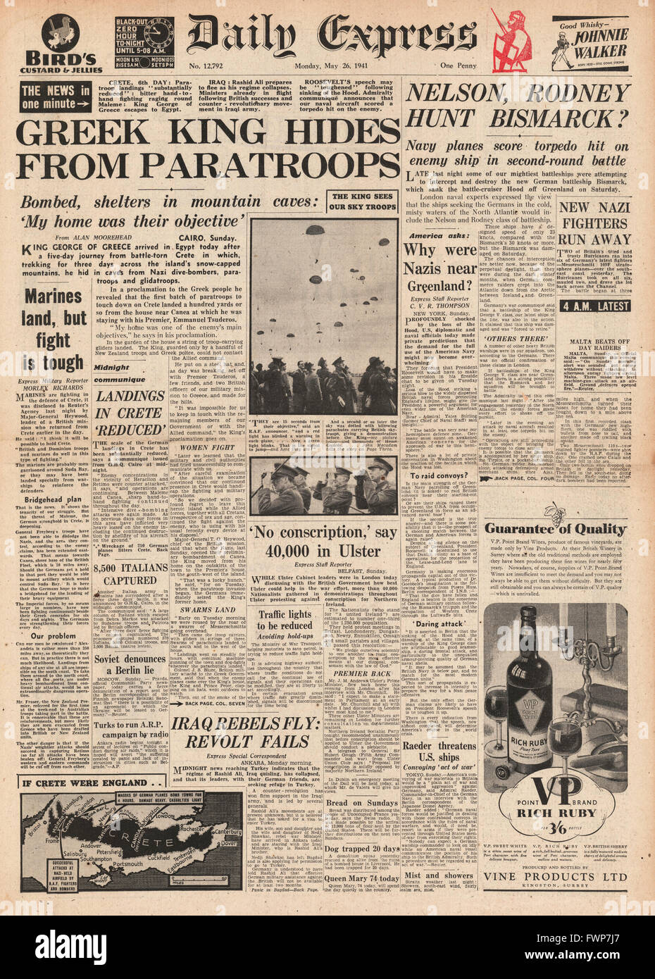 1941 front page Daily Express battaglia per la Creta e la Royal Navy nella caccia per il tedesco della corazzata Bismark Foto Stock